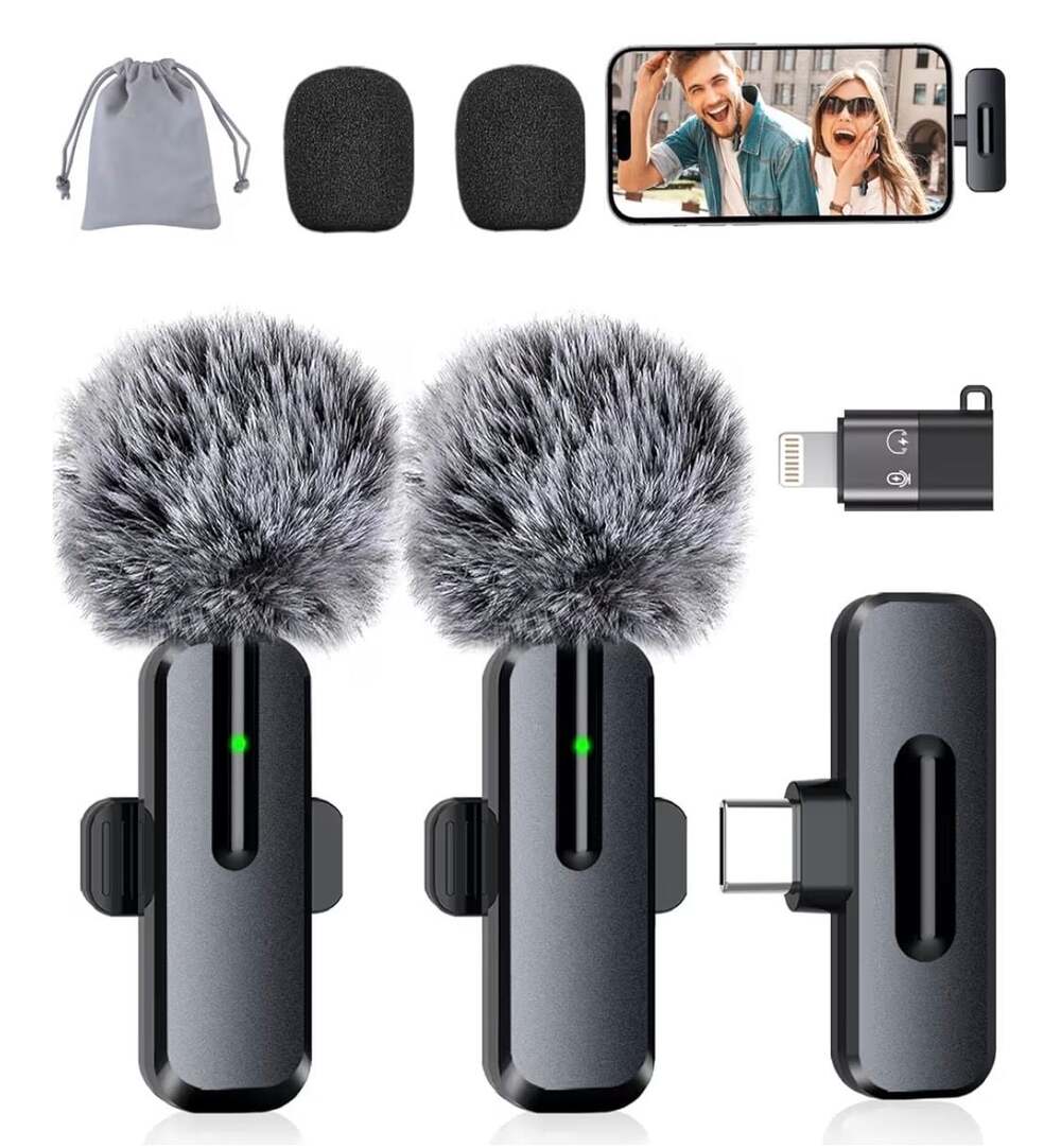 2-Pack Wireless Lavalier Mic with AI Noise Cancellation and Lightning/USB-C Adap